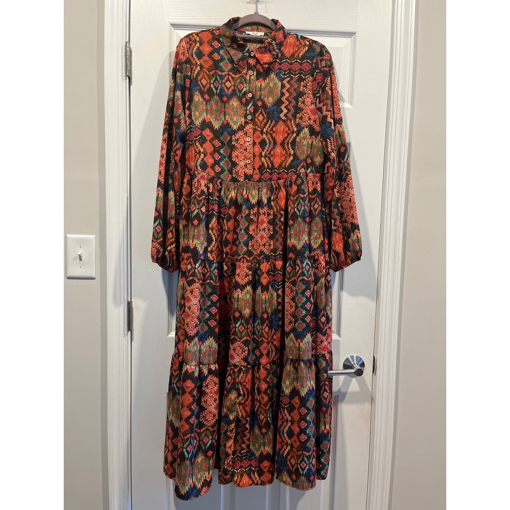 Easel Los Angeles Southwestern Ikat Tiered Maxi Dress Orange Multi Medium Pocket